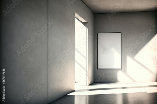Modern concrete gallery interior with blank mock up banner on wall and shadows. Generative AI