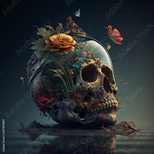 Flower-made skull on water, 3D vanitas render for projects exploring mortality and transience. generative AI photo