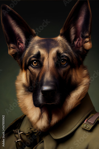 German shepherd dog wearing military army uniform, service dog, creative headshot portrait. Generative AI