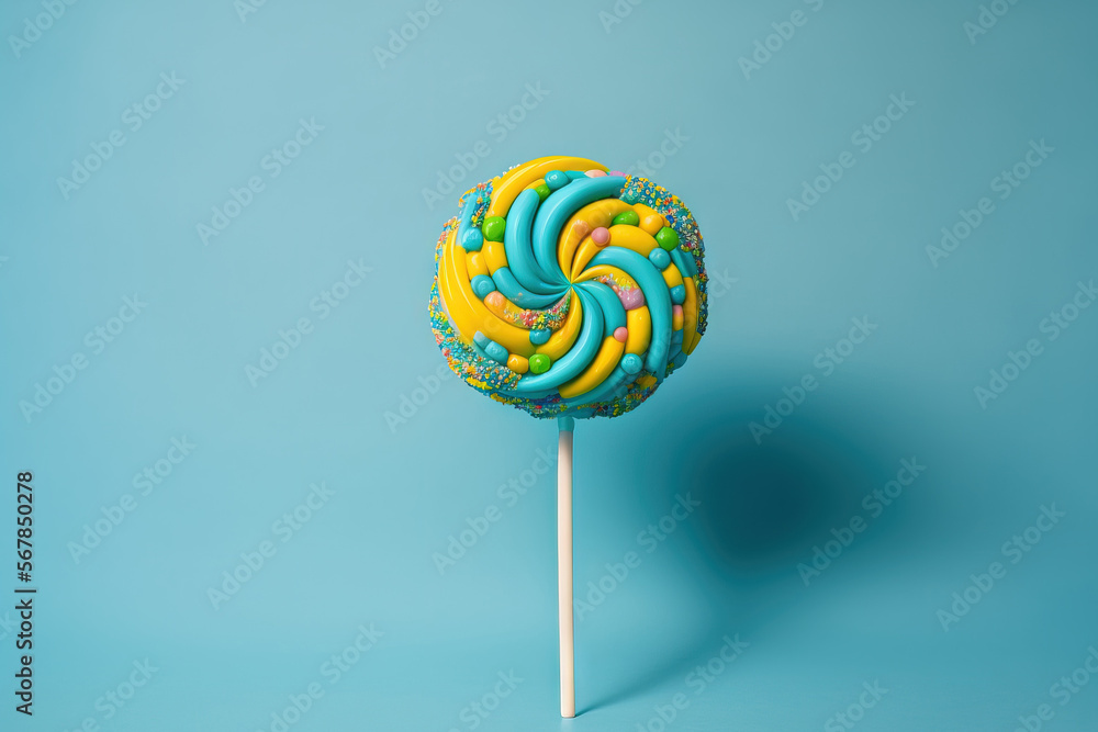 a lollipop in isolation on a blue background. Generative AI a lollipop in isolation on a blue background. Generative AI