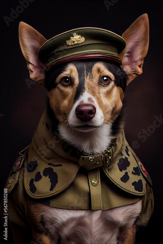 Australian Koolie dog wearing military army uniform, service dog, creative headshot portrait. Generative AI photo