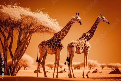  a couple of giraffe standing next to each other on a desert field next to a couple of trees and a few people in the distance.  generative ai