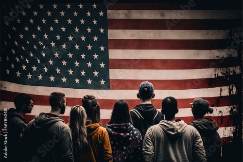 Group of young people standing in front of and looking at USA flag. Back turned.