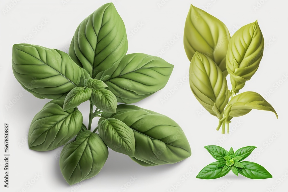  a group of green leaves and a green plant on a white background with clippings to the left of the image and the right side of the leaves.  generative ai