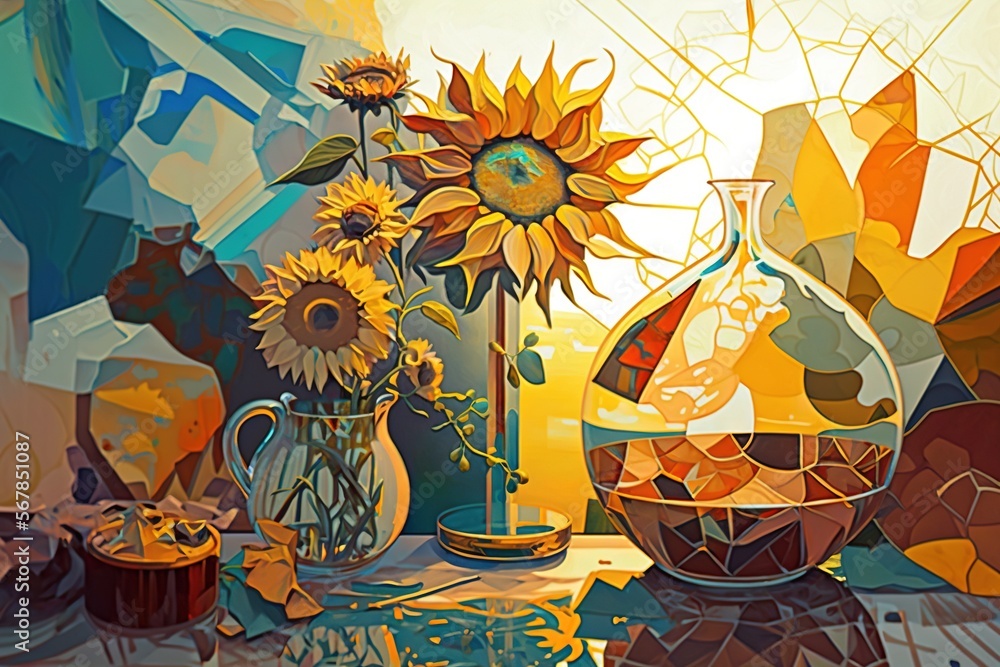 a painting of sunflowers and vases on a table in front of a wall with a ...