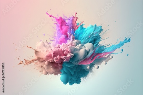  a multicolored substance floating in the air with a light blue and pink color scheme on the bottom of the image and a light blue and pink background. generative ai
