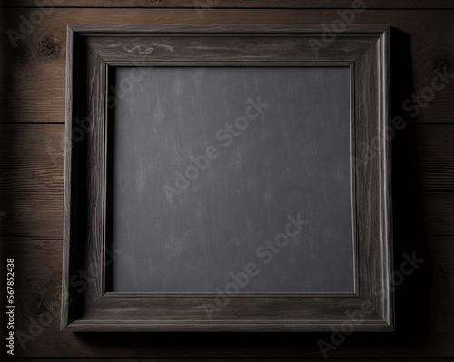 On a dark wall, a picture frame made of old, rustic gray wood is hanging. Template for a blank mockup. Generative AI