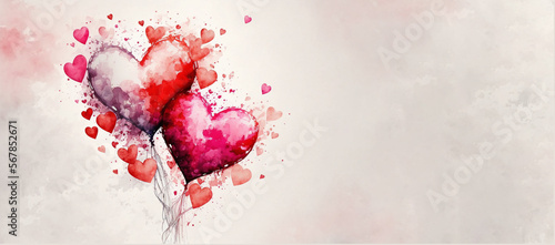 Heart shaped balloons  watercolor style  ai generation. Wide banner with space for text. Valentines Day.