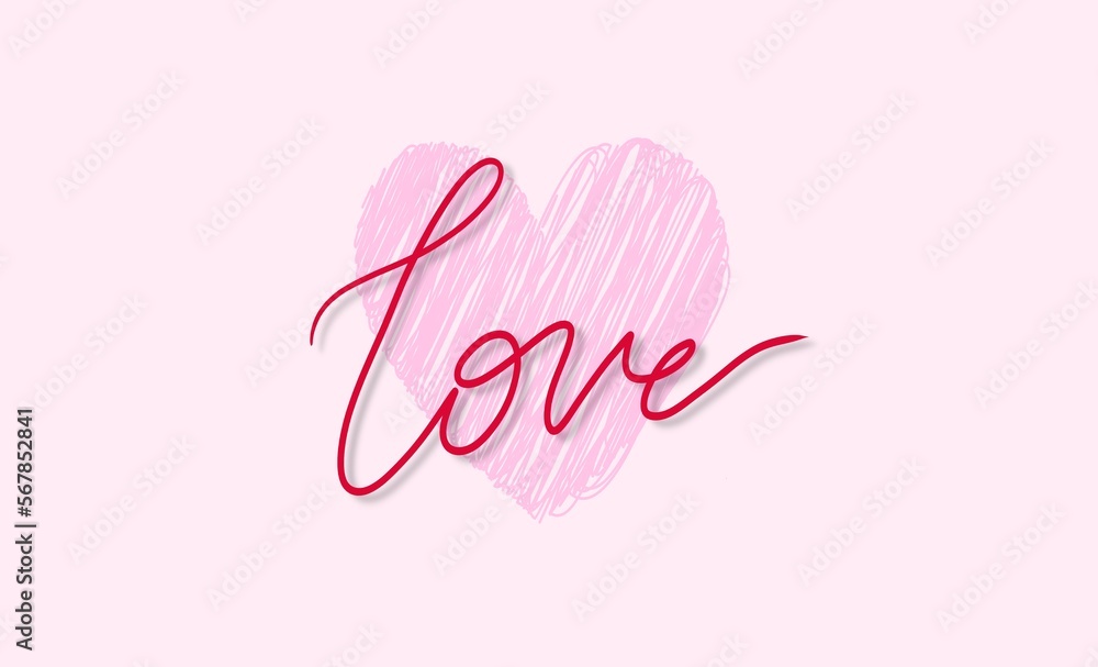 red love lettering with shadow on handrawn pink heart, hand drawn pink heart on pink background and red handwritten word love
