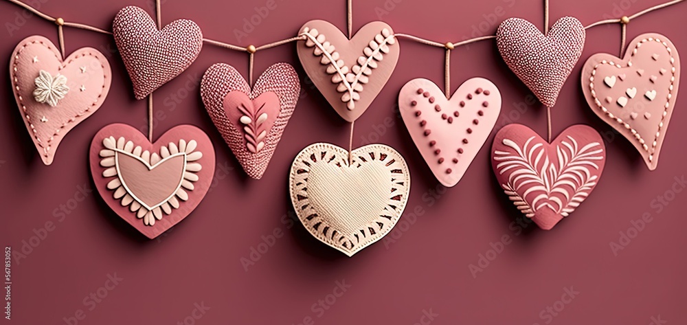 beautiful pink heart shape paper craft garland hanging on pink wall, idea for love and valentine's day background wallpaper