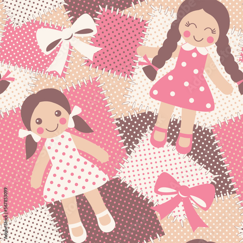 Vintage rag dolls seamless pattern. Patchwork background with cute toys. Vector illustration