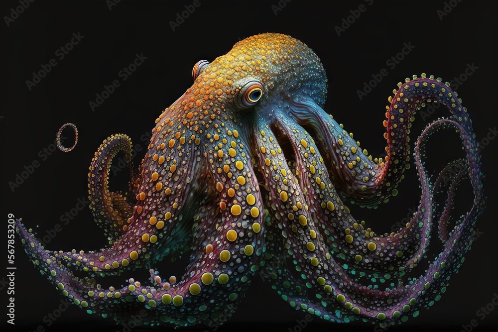 an octopus with multicolored dots on it's body and head, with a black background and a black background with a black background. generative ai an octopus with multicolored dots on it's body and head, with a black background and a black background with a black background. generative ai