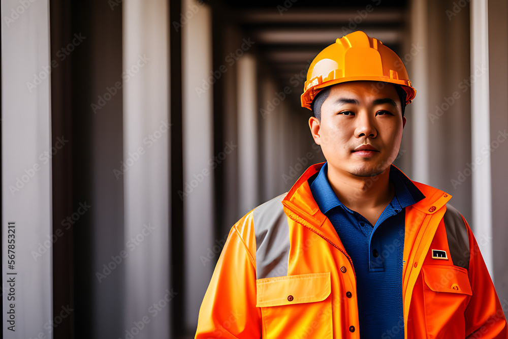 a portrait photo of a Chinese man Construction Worker in outfit - Generative AI, fictitious person a portrait photo of a Chinese man Construction Worker in outfit - Generative AI, fictitious person