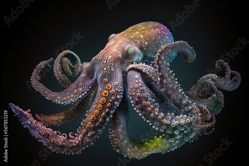  an octopus is shown in a digital painting style, with a black background and a black background with a black background and a black background with a blue background with an octopus.  generative ai
