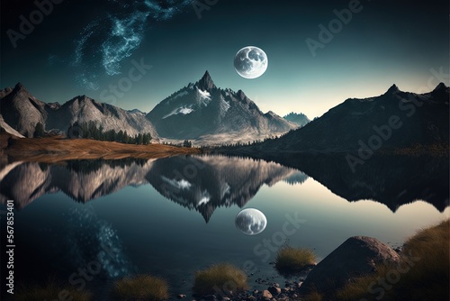  a mountain lake with a full moon in the sky and a few stars in the sky above the water and a mountain range in the background. generative ai