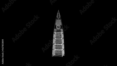 3D Al Faisaliyah Tower rotates on black background. Object consisting of white flickering particles 60 FPS. Science concept. Abstract bg for title, presentation. Screensaver. 3D animation. photo