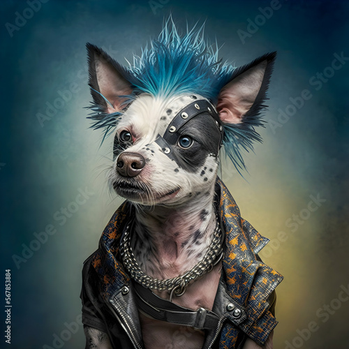 Punk Rocker Dog portrait, anthropomorphic animals illustration Generative AI	 photo