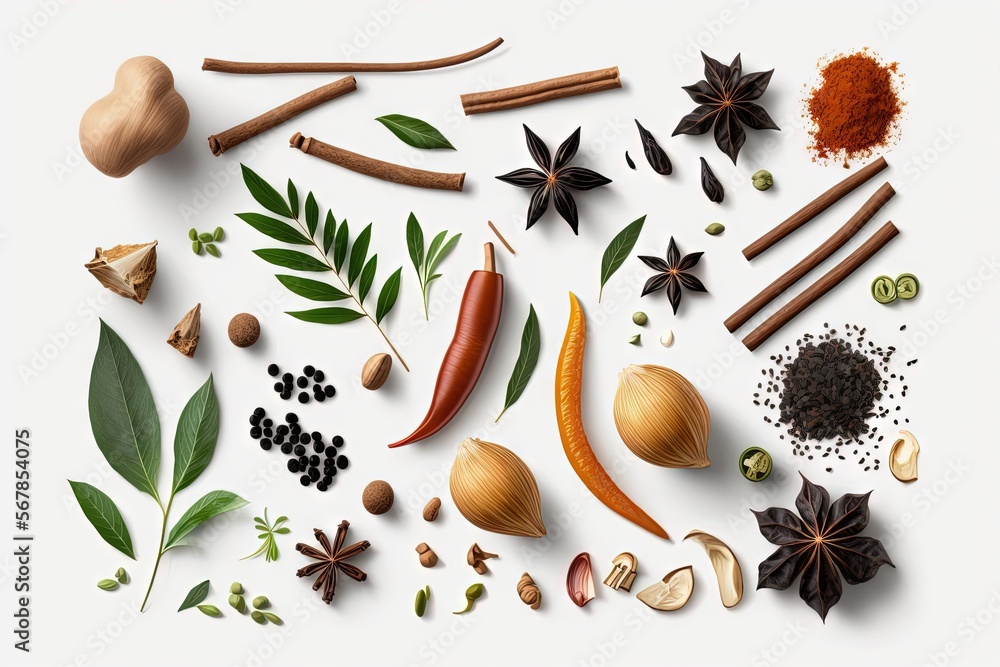  a variety of spices and herbs arranged on a white surface with a white background and a white background with a white background and a white background with a white border.  generative ai