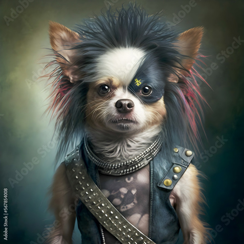 Punk Rocker Dog portrait, anthropomorphic animals illustration Generative AI	 photo