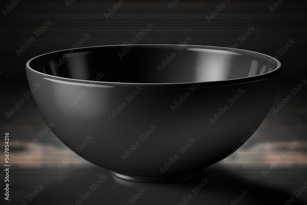a black bowl sitting on top of a black counter top next to a black wall and a black floor with a light shining on it. generative ai a black bowl sitting on top of a black counter top next to a black wall and a black floor with a light shining on it. generative ai