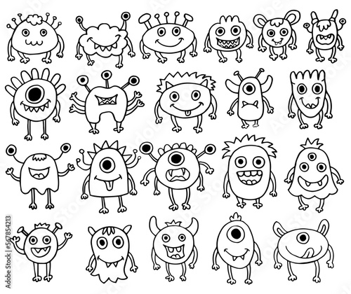 Vector set of eight cute monsters. Funny line hand-drawn aliens for coloring pages. Bundle of decorative design elements. Flat vector illustration.
