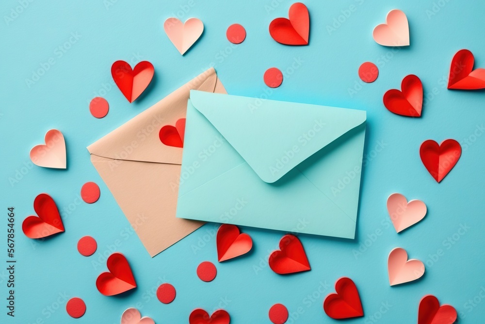 two envelopes with hearts on a blue background with confetti paper hearts around them and a blue envelope with a red envelope on a blue background. generative ai two envelopes with hearts on a blue background with confetti paper hearts around them and a blue envelope with a red envelope on a blue background. generative ai