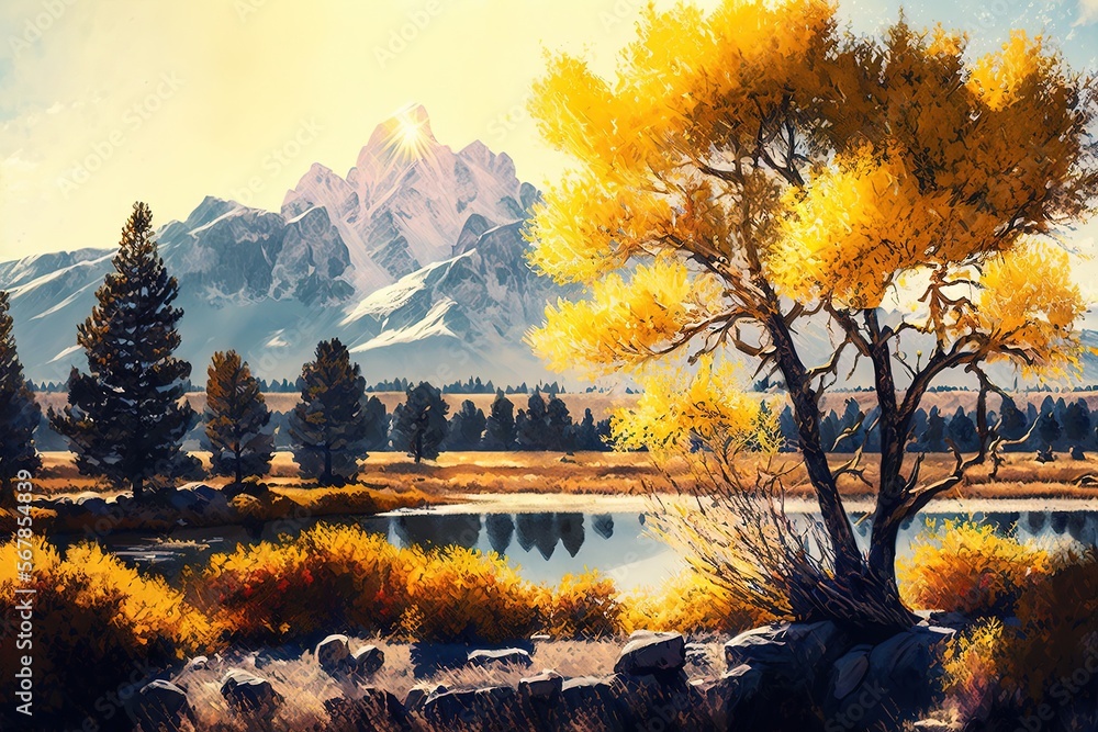  a painting of a mountain lake with a tree in the foreground and a mountain range in the background with yellow leaves on the trees.  generative ai