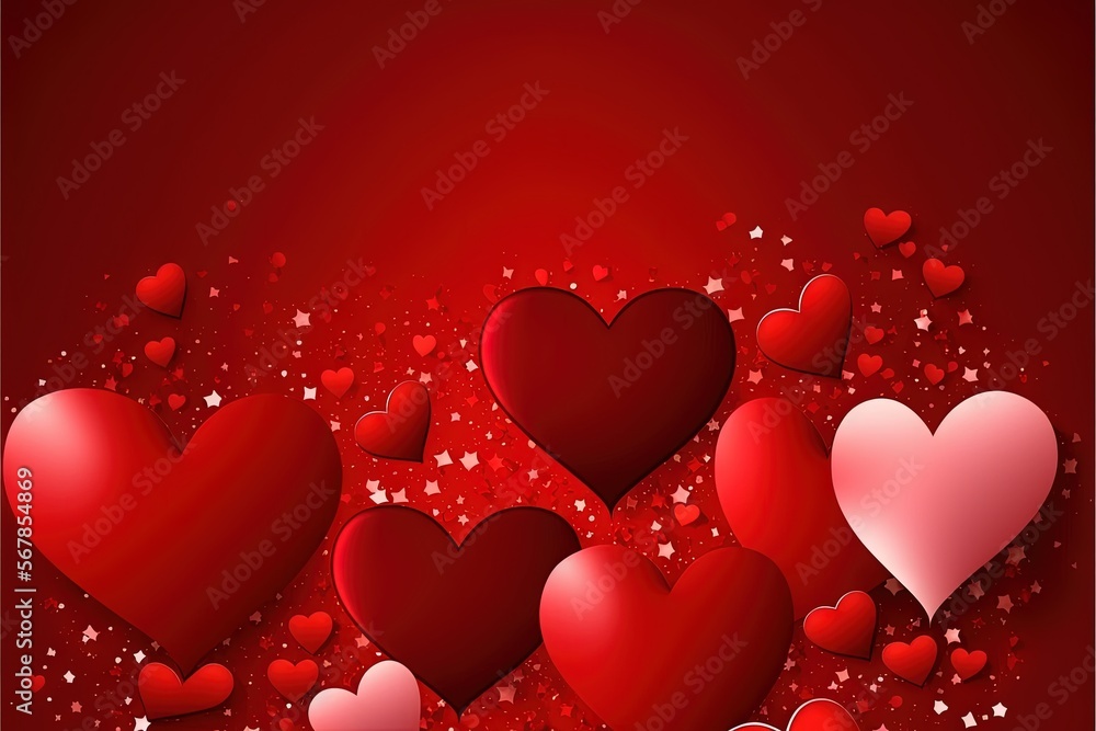  a bunch of red hearts on a red background with stars and sparkles in the air, with space for text or a greeting card for valentine's day.  generative ai