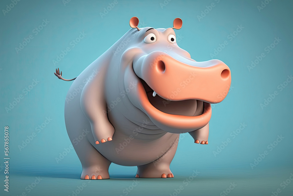 A cute 3D cartoon of a hippopotamus character. Generative AI - obrazy, fototapety, plakaty 