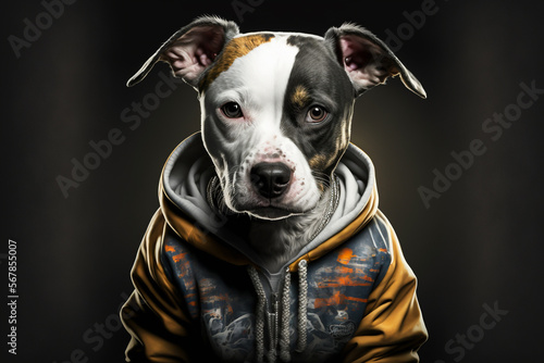 Portrait of dog wearing in streetwear. Animal wears Hip hop street fashion concept. Made with Generative AI © Koshiro