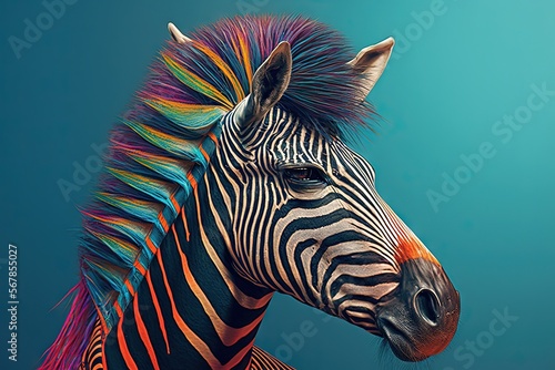  a close up of a zebra's head with multicolored feathers on it's head and a blue background with a sky in the background.  generative ai