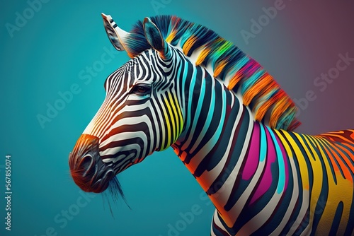 a colorful zebra standing in front of a blue sky with a rainbow colored tail and tail  with its head turned to the side  with its eyes closed.  generative ai