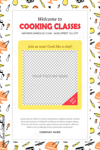 Banner or leaflet with invitation to cooking classes, chef school. Flyer with address, culinary course schedule, transparent place for photo or text and linear silhouettes of kitchenware on background