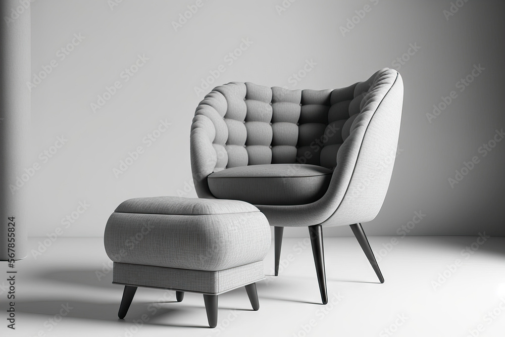 Fototapeta premium a little chair for legs and an armchair in gray. Contemporary designer chair against a white background. Chair and armchair made of textile. furniture collection. Generative AI