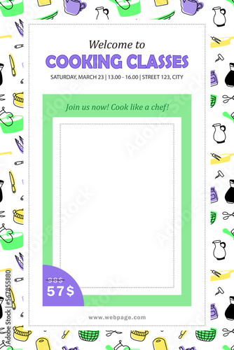 Template of invitation to cooking classes. Banner, leaflet, poster with culinary courses schedule, price, website and blank white space. Advertising flyer with kitchenware, cuisine tools pattern