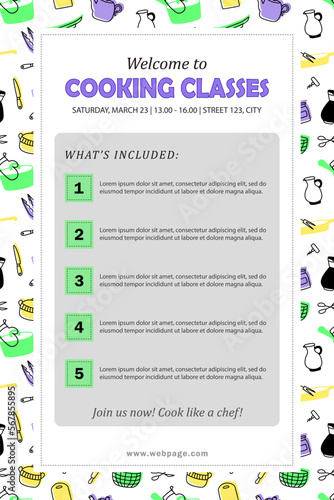 Template of banner - welcome to cooking classes! Flyer with information about what is included in culinary courses. Poster with invitation - join us now, cook like a chef! Advertising vector leaflet