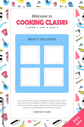 Cooking classes banner template layout. Leaflet, flyer with blank space for your information about what's included in culinary courses. Poster with kitchenware frame in blue, pink and yellow colors