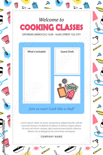 Template for invitation to cooking classes. Banner, poster with culinary courses schedule and blank space for info about guest chefs and what's included in masterclass. Advertising leaflet layout.