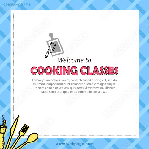 Square card or banner with text - welcome to cooking classes. Template of poster with invitation to culinary courses on background with blue checked tablecloth. Vector leaflet with kitchen tools