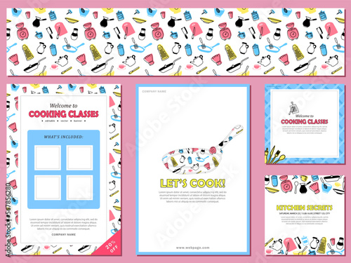 Set of seamless pattern with kitchenware and 4 cards with invitation to cooking classes. Banners, posters with info about culinary courses with chef. Leaflets, flyers in pink, blue and yellow colors