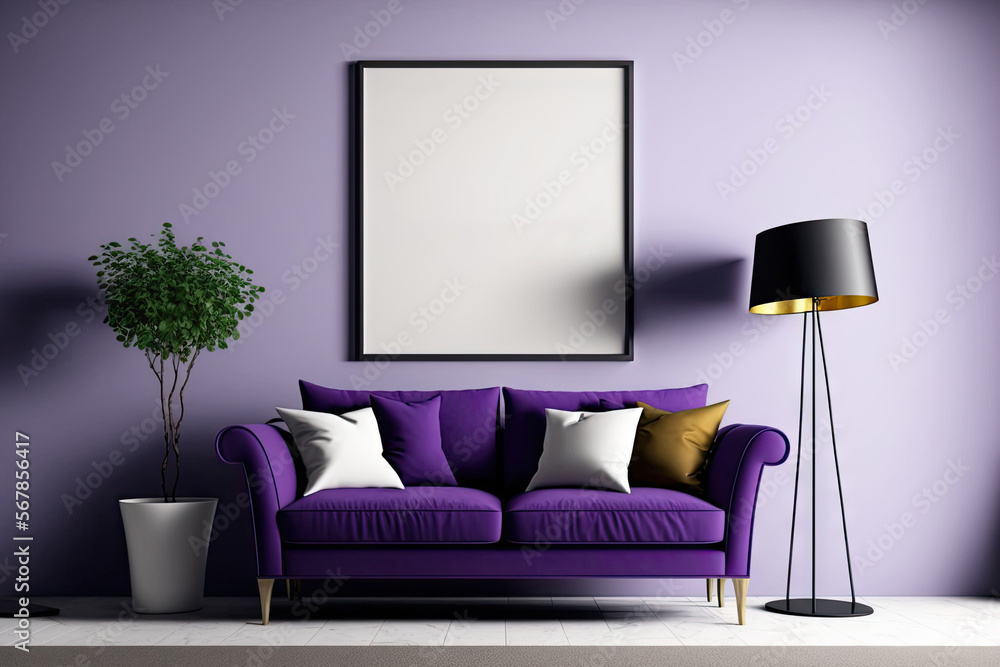 simple poster for an interior Create a mockup of the living room wall in purple with a contemporary sofa and other furnishings. duplicate space. Generative AI simple poster for an interior Create a mockup of the living room wall in purple with a contemporary sofa and other furnishings. duplicate space. Generative AI