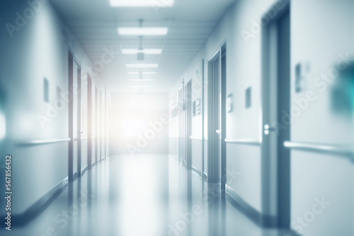 blurry hospital corridor in the abstract. blur background of clinic interior with defocused effect. idea of healthcare and medicine. Generative AI
