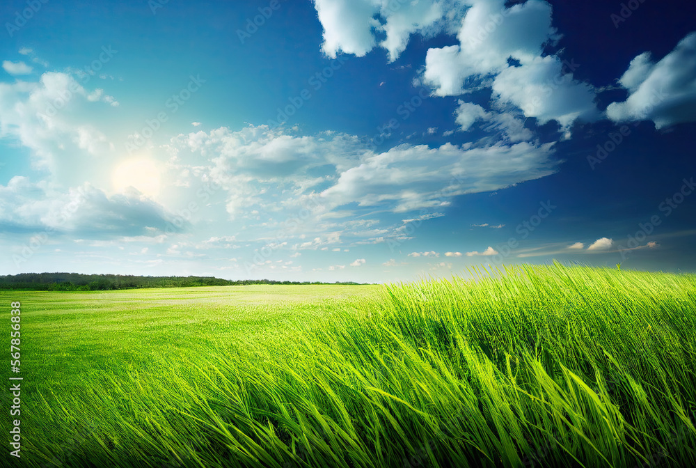 Obraz premium Landscape with green field and blue sky with clouds created with AI