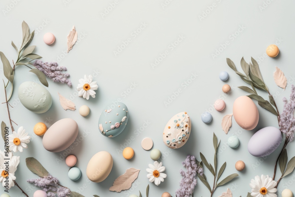 Modern Easter background with Easter eggs and flowers in pastel colors, AI generated