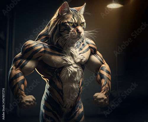 A house cat all juiced up with muscles and tiger stripes holding his ground. Generative ai image of a pet cats head on a human bodybuilders body. Digital ai