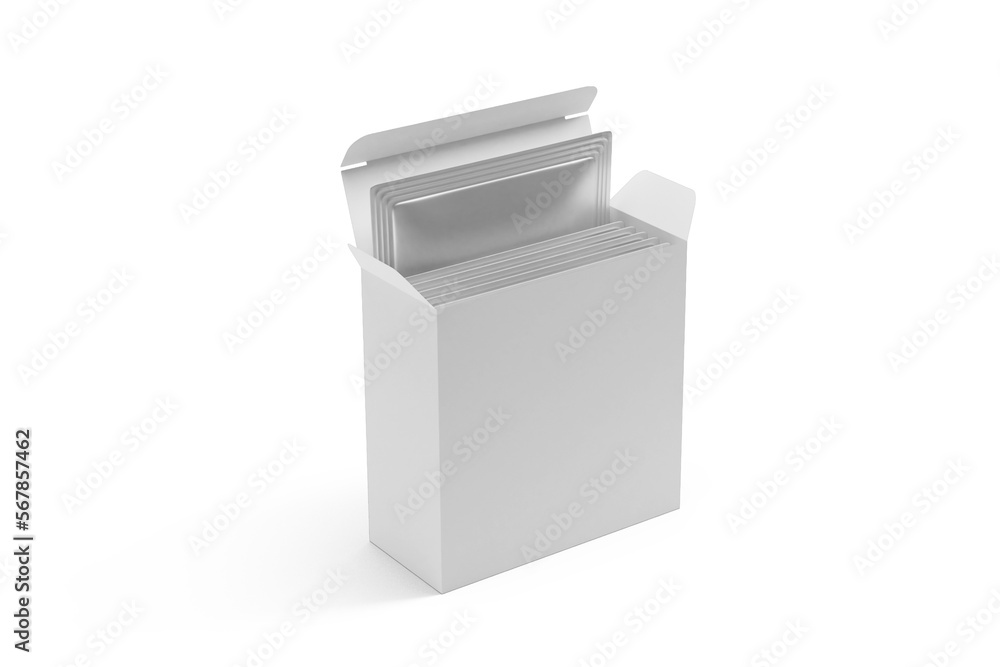 blank foil sachet with box packaging isolated on transparent background, prepared for mockup, 3D render. blank foil sachet with box packaging isolated on transparent background, prepared for mockup, 3D render.