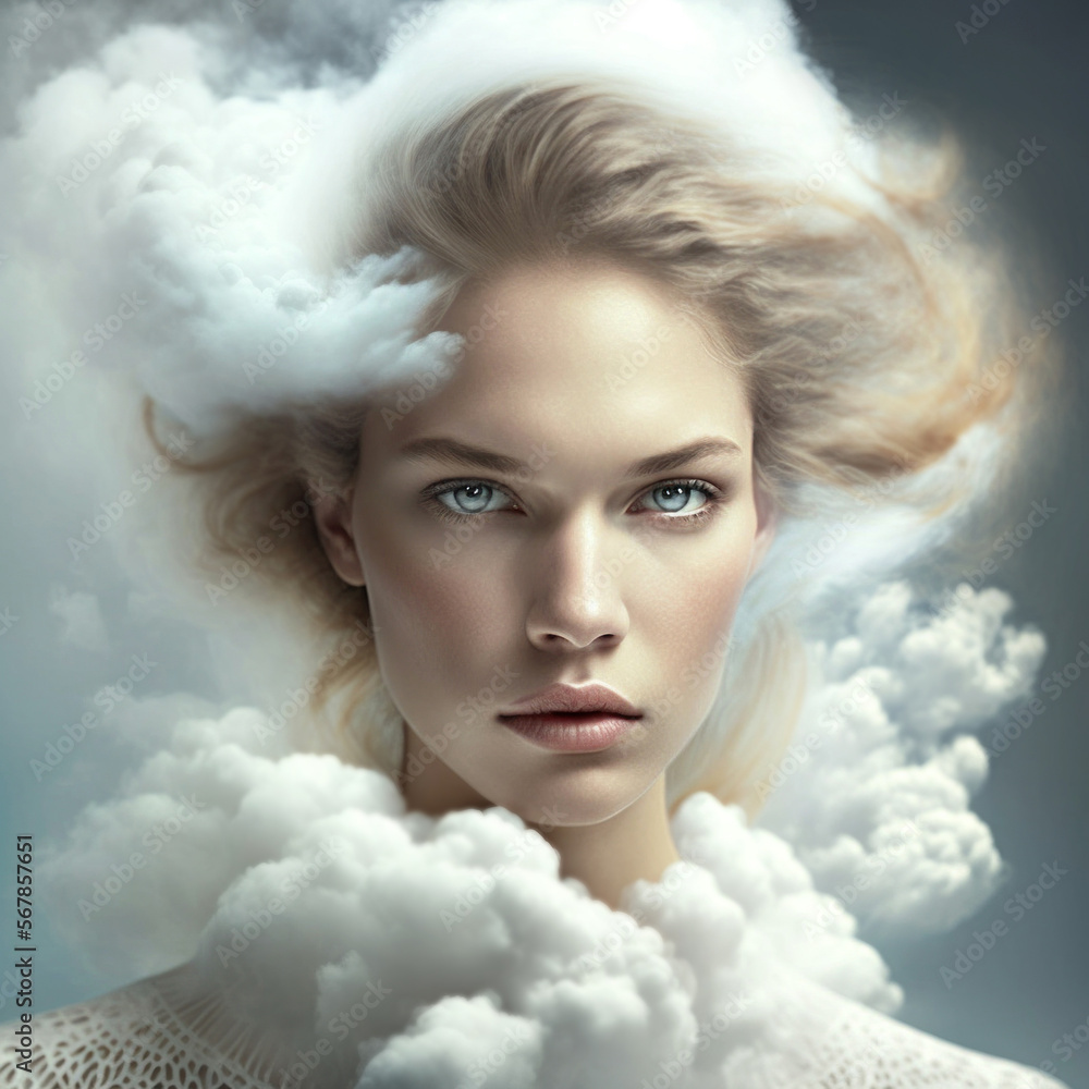 Beautiful blonde caucasian woman portrait. Young attractive girl with natural face looking at the camera. Clouds over head. AI generative.
