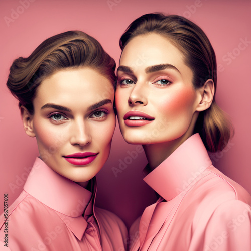 Beauty photo of two attractive caucasian women looking at the camera, posing on the pink studio background. AI generative. Spring style. 