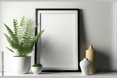 Blank picture frame mockup on a wall. Vertical orientation. Artwork template in interior design. Generative AI