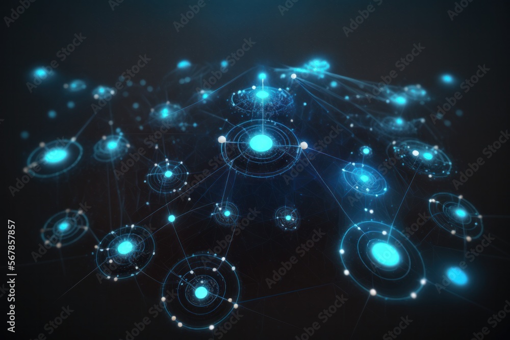 Obraz premium An abstract illustration of the cosmos, glowing blue energy balls, resembling the center of a solar system, with lines symbolising interconnectivity, created with Generative AI technology